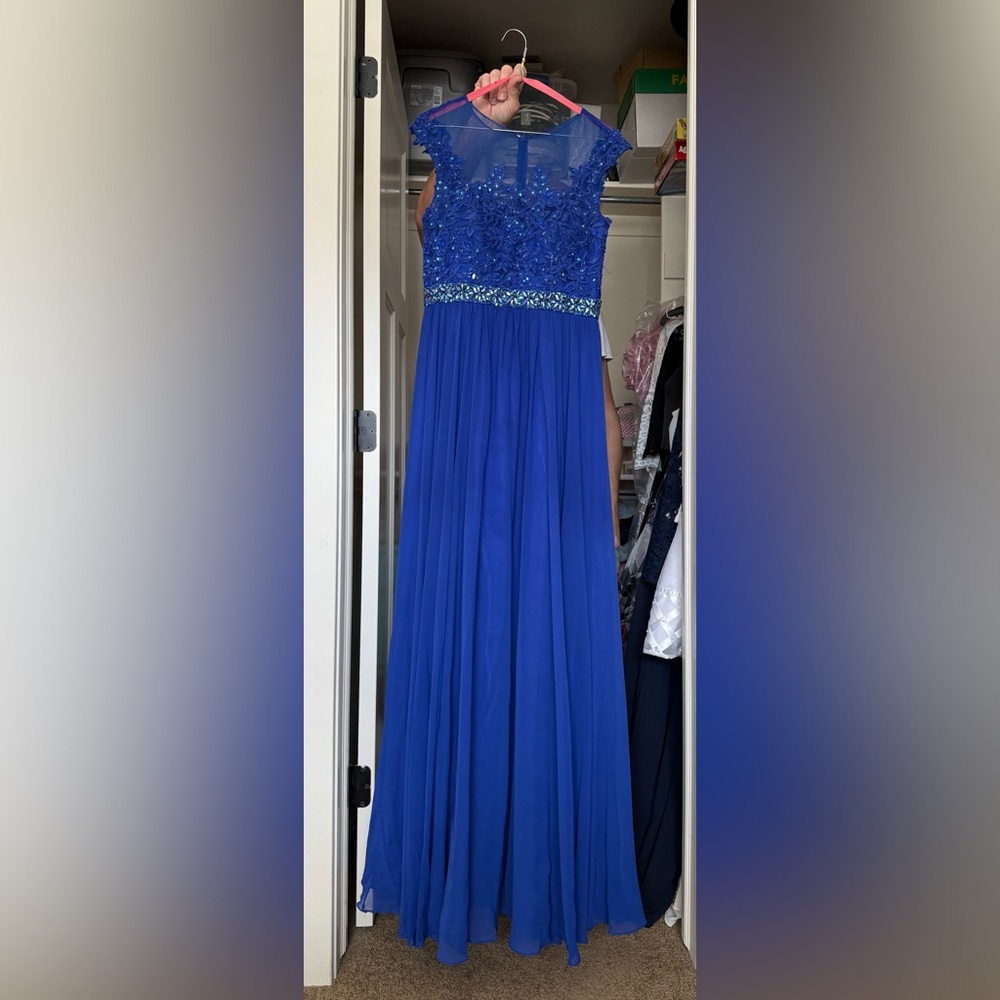 long blue rhinestone formal dress